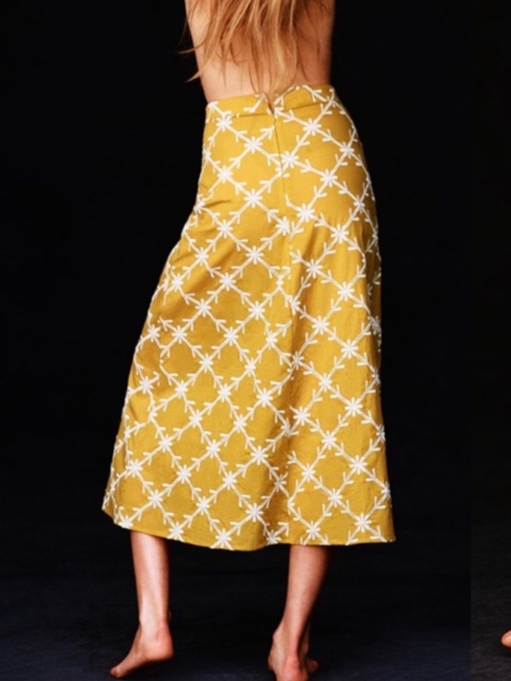 ZARA Yellow Floral Midi/Maxi Skirt with Beige Crochet – Size S